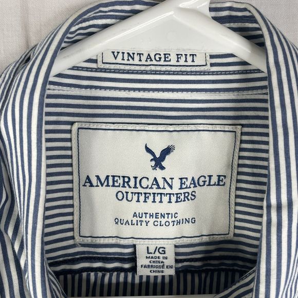 American Eagle Shirt Mens Sz L Palm Tree Button Up Blue Stripe Long Sleeve - Picture 6 of 14